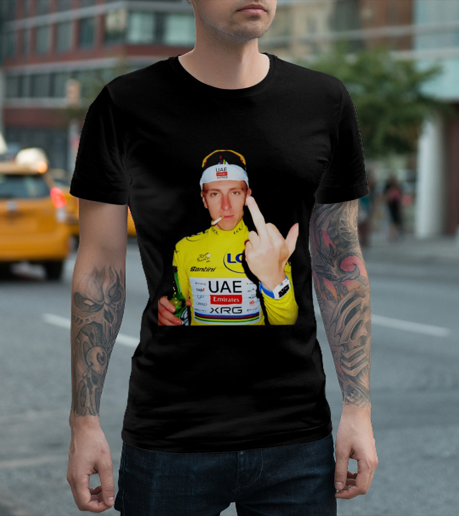 Tadej Pogačar Yellow Jersey Middle Finger Tour De France UAE Emirates LCL Santini T-Shirt