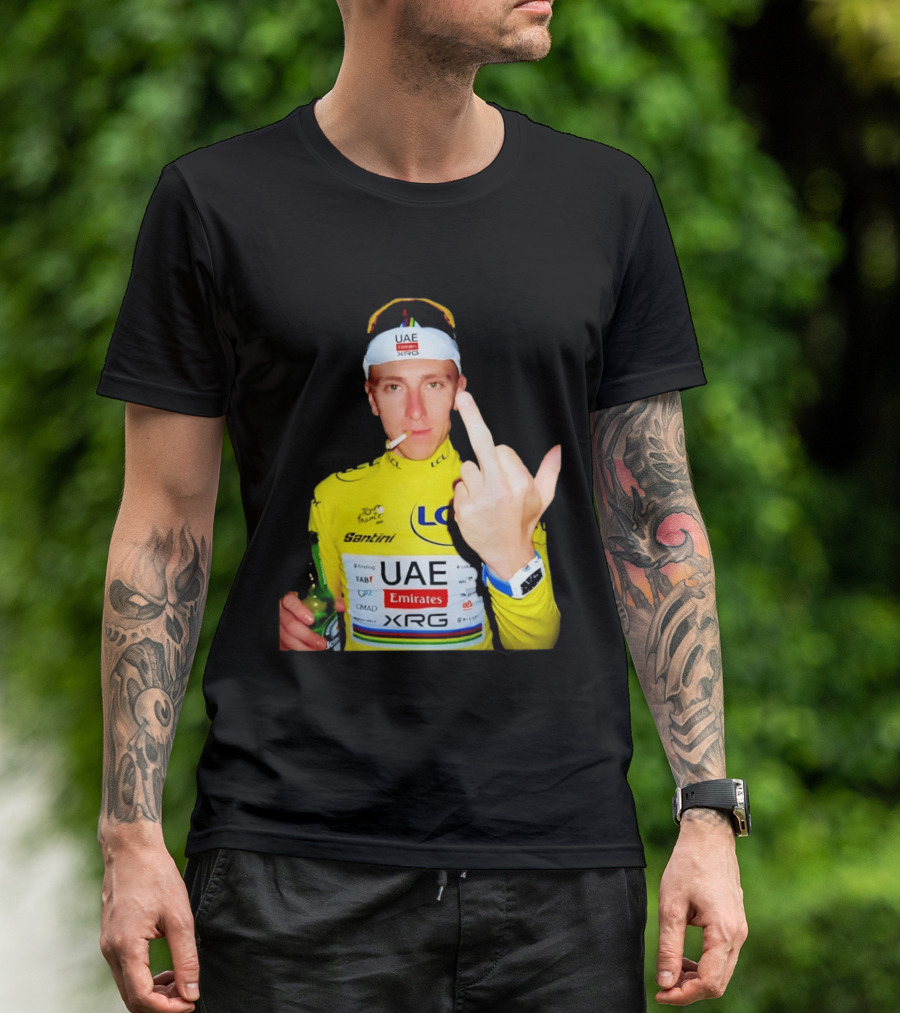 Tadej Pogačar Yellow Jersey Middle Finger Tour De France UAE Emirates LCL Santini T-Shirt