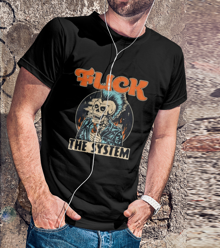 Fuck The System Punk Skeleton Smoking Beer Mohawk Jacket Spikes T-Shirt