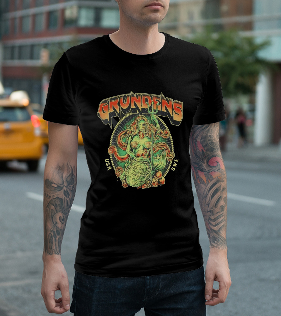 Grundens Undead Mermaid Holding Skull USA SWE Since 1926 T-Shirt