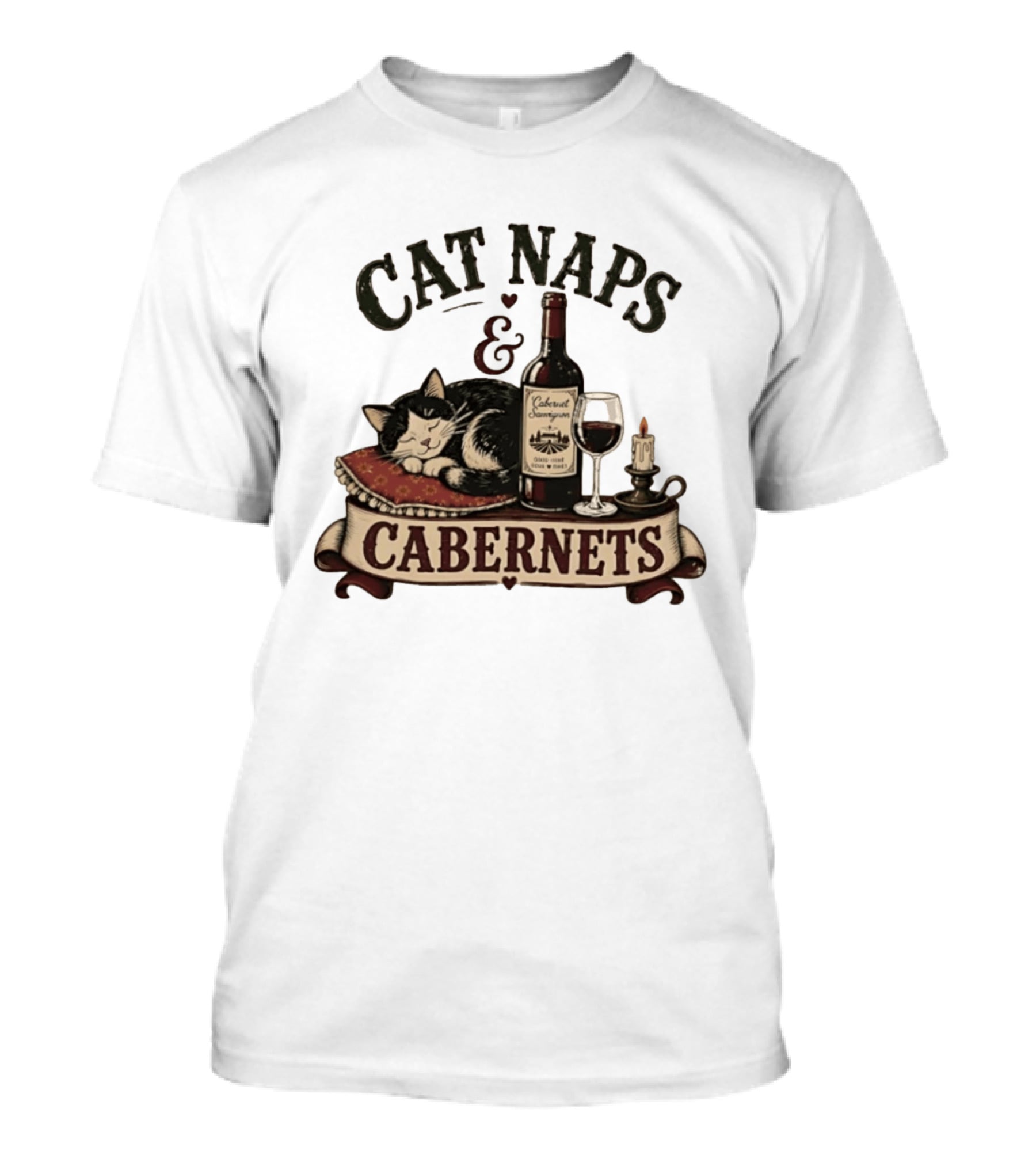 Cat Naps And Cabernet Sauvignon With Cozy Cat And Candle T-Shirt