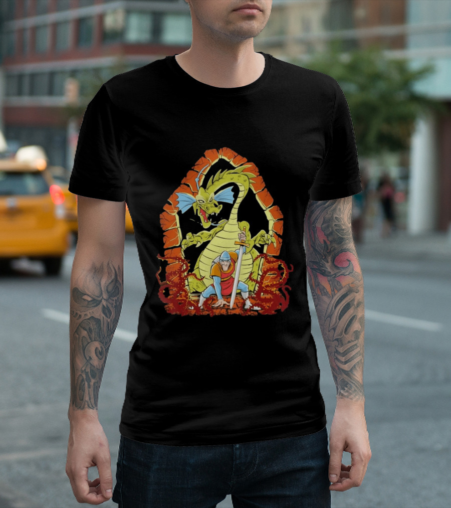 Dragons And Knights Brave Warrior Confronts Fearsome Beast In Epic Battle Scene T-Shirt