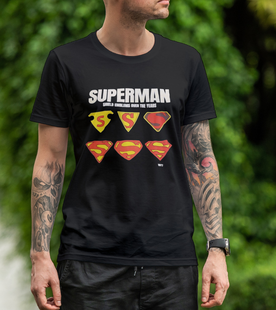 Superman Shield Emblems Over The Years Evolution 1938 To 1977 T-Shirt