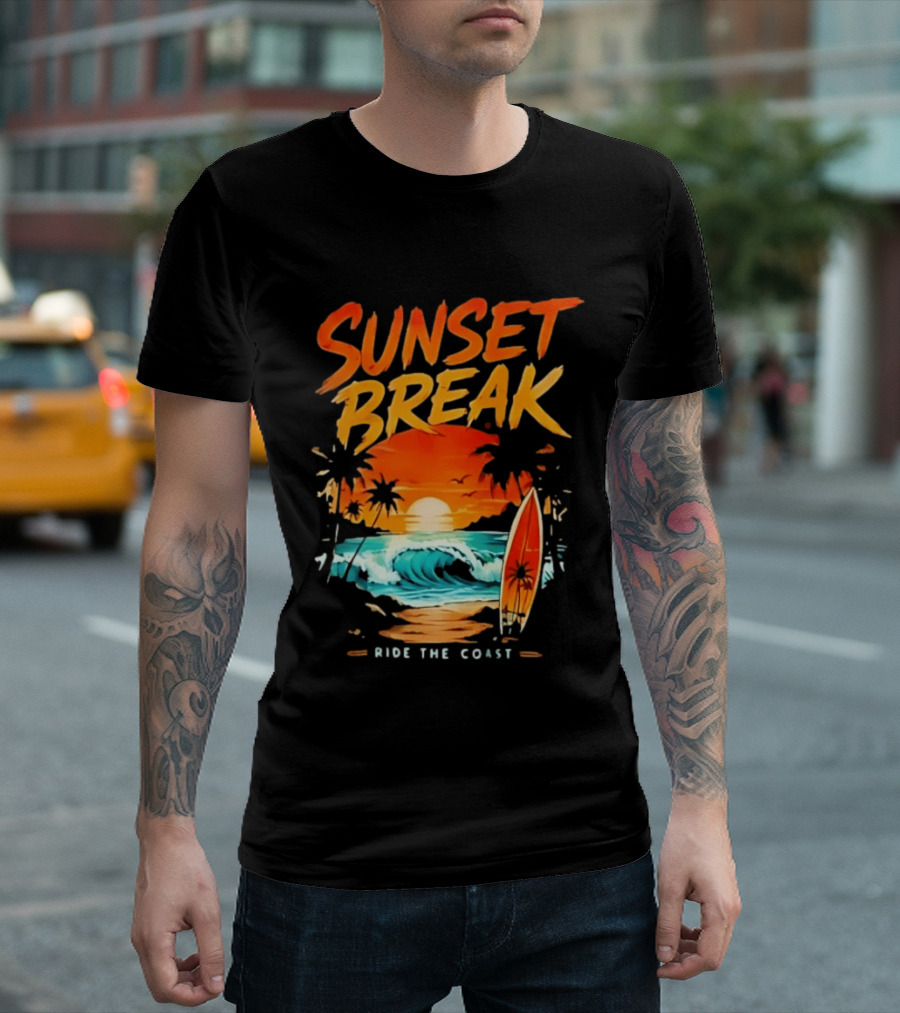 Sunset Break Surfing Ride The Coast Ocean Waves And Surfboard Scene T-Shirt