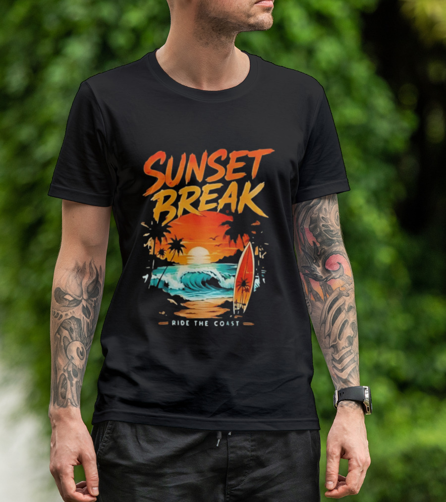 Sunset Break Surfing Ride The Coast Ocean Waves And Surfboard Scene T-Shirt
