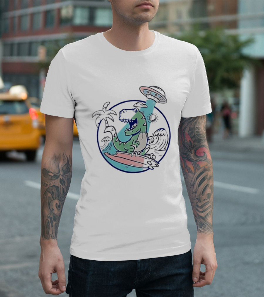 UFO Surfing Dinosaur With Palm Trees And Waves T-Shirt