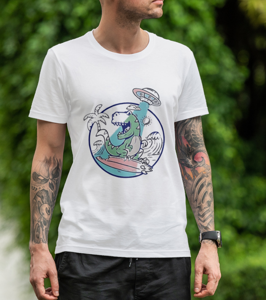 UFO Surfing Dinosaur With Palm Trees And Waves T-Shirt