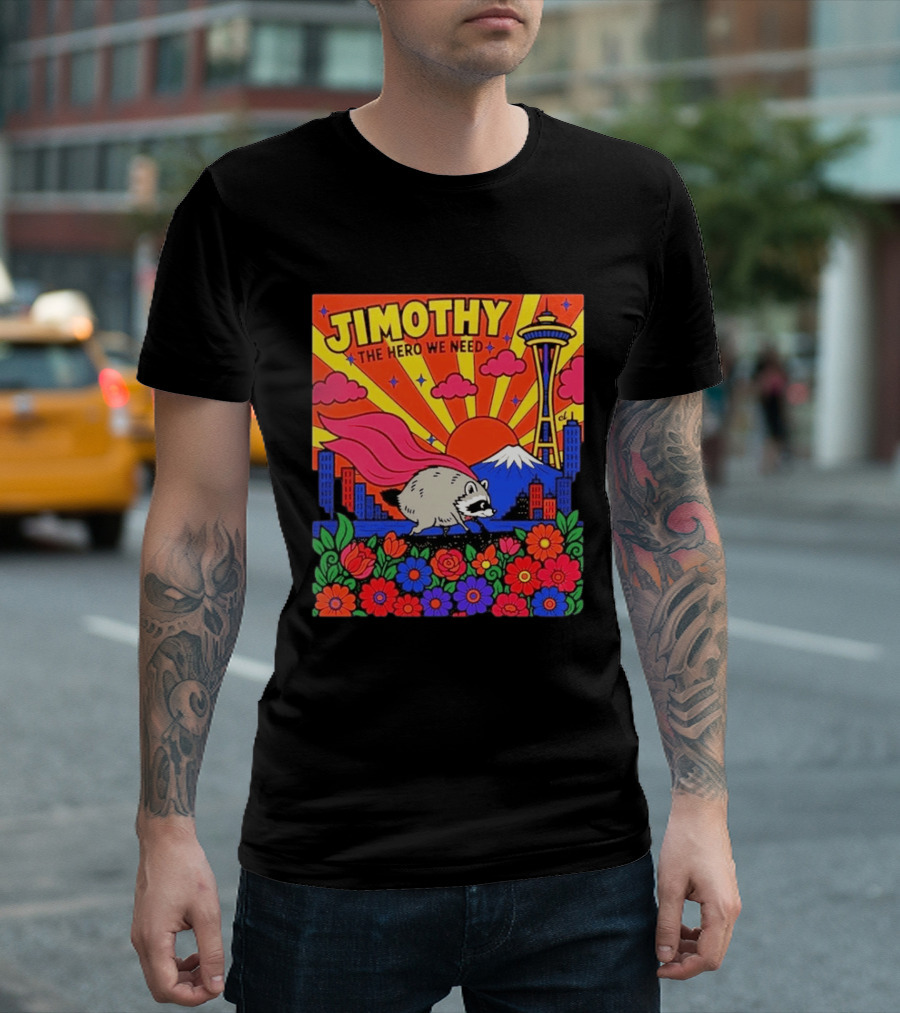 Jimothy The Hero We Need Seattle Skyline Floral Raccoon Superhero T-Shirt