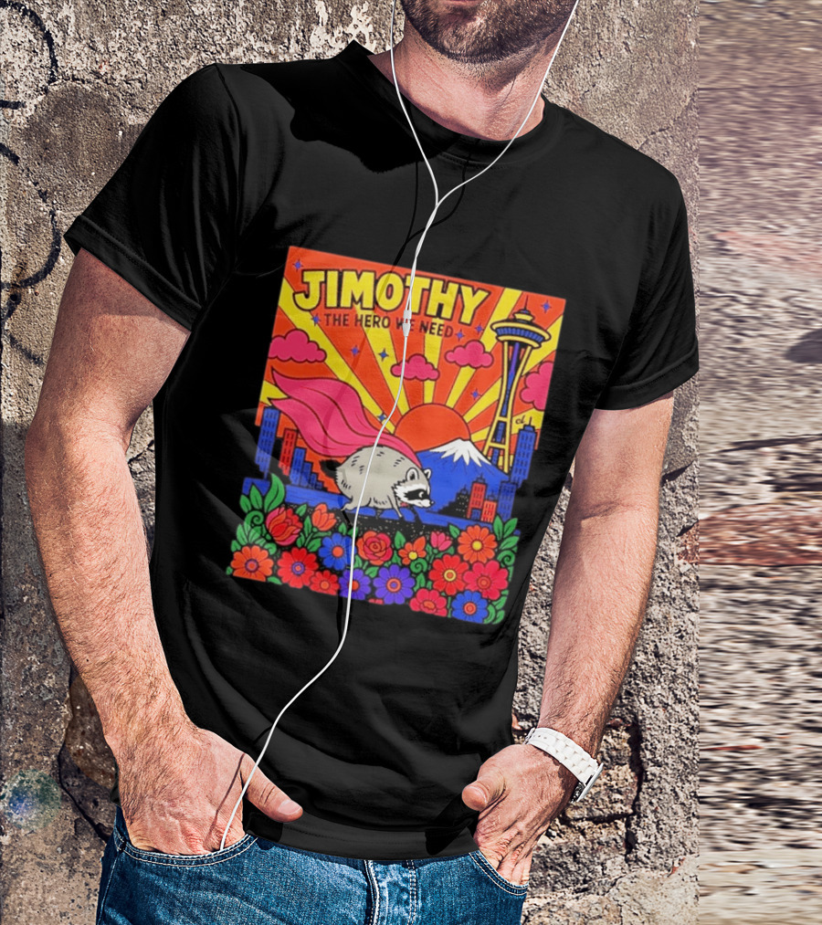 Jimothy The Hero We Need Seattle Skyline Floral Raccoon Superhero T-Shirt