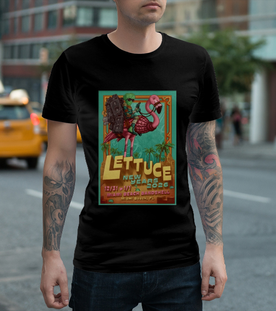 Lettuce New Years 2026 Miami Beach Bandshell Miami Beach FL With Sunglasses Flamingo And Speakers T-Shirt
