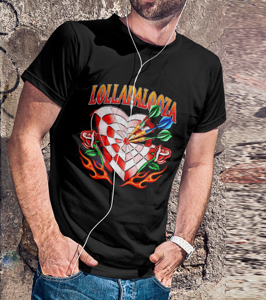 Lollapalooza Heart Dartboard With Roses And Flames T-Shirt