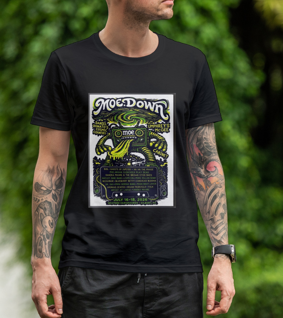 Moe Down Festival July 16 18 2026 Featuring Umphrey's McGee Cabinet Daniel Donato At Westend Fairgrounds Gilbert PA T-Shirt