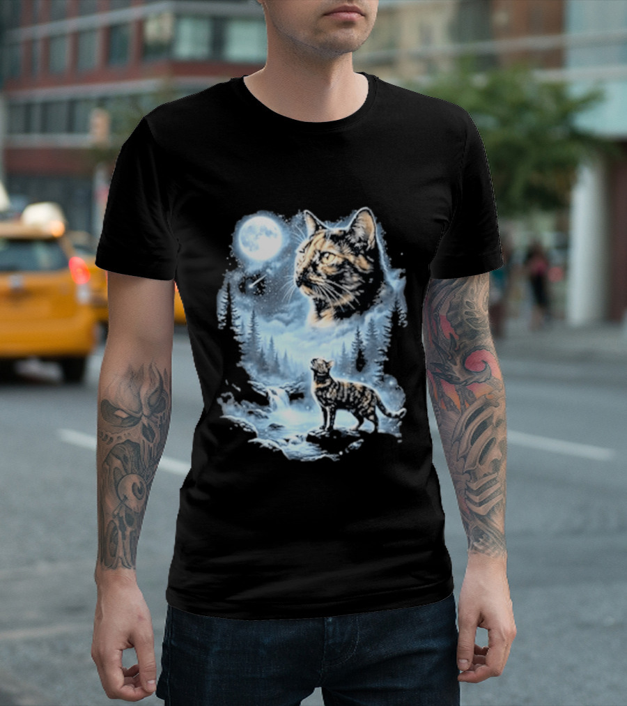 Tabby Cat Howling To The Moon Halloween Forest Scene T-Shirt