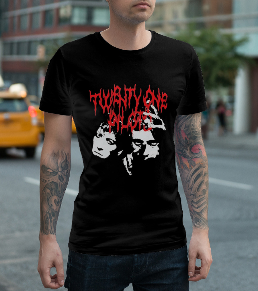 Twenty One Pilots Red Text Band Members Faces Dark Metal T-Shirt