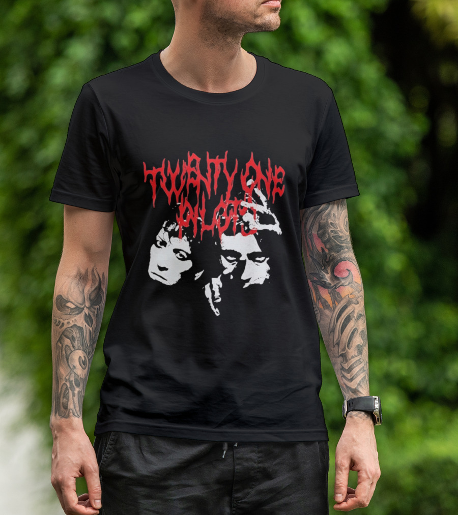 Twenty One Pilots Red Text Band Members Faces Dark Metal T-Shirt