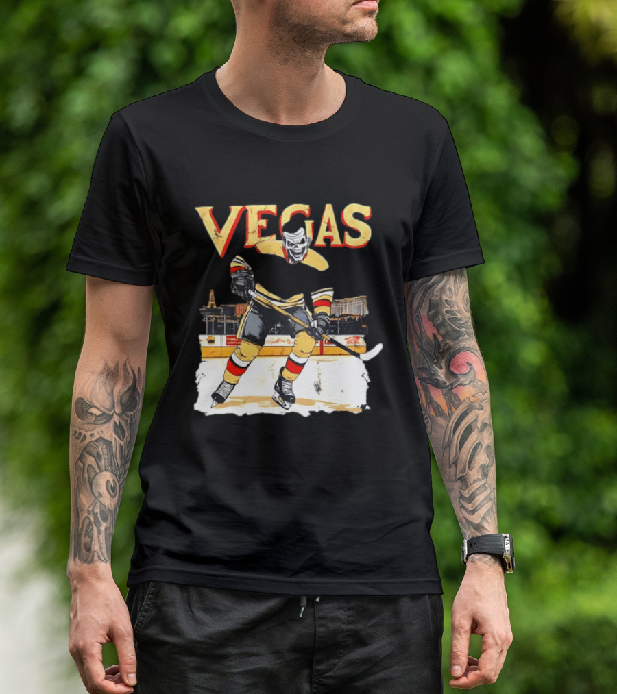 Vegas Hockey Skull Ice Arena Skyline Scene T-Shirt