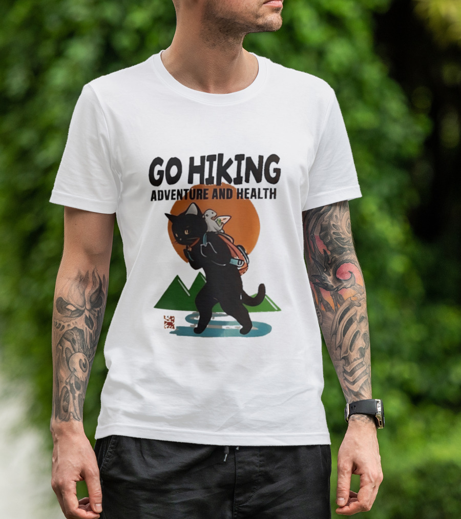 Go Hiking Adventure And Health Black Cat With Backpack And Bird T-Shirt
