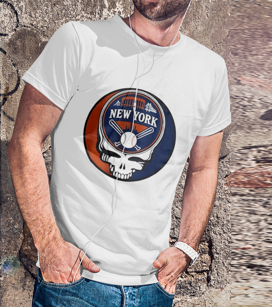 New York Mets Grateful Dead Skull Baseball Orange Blue Stadium T-Shirt