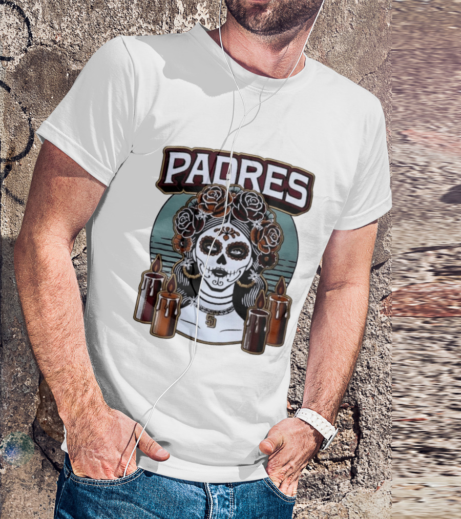 Padres Sugar Skull Woman With SD Pendant And Candles T-Shirt