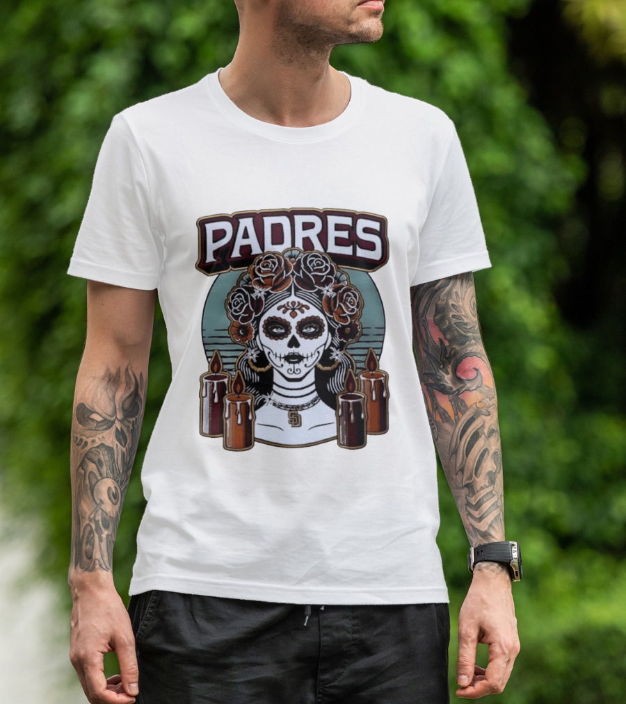 Padres Sugar Skull Woman With SD Pendant And Candles T-Shirt