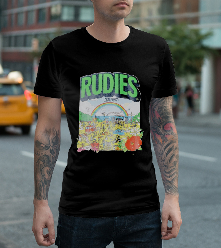 Rudie's 35th Anniversary Local Party Featuring 10 Feet G Freak Factory Dustboz Colorful Celebration With Rainbow And Flowers T-Shirt