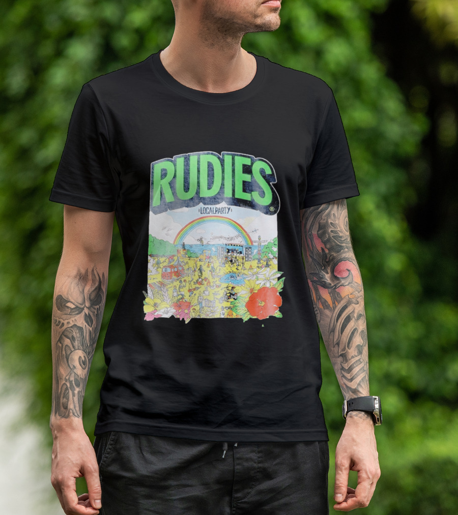 Rudie's 35th Anniversary Local Party Featuring 10 Feet G Freak Factory Dustboz Colorful Celebration With Rainbow And Flowers T-Shirt