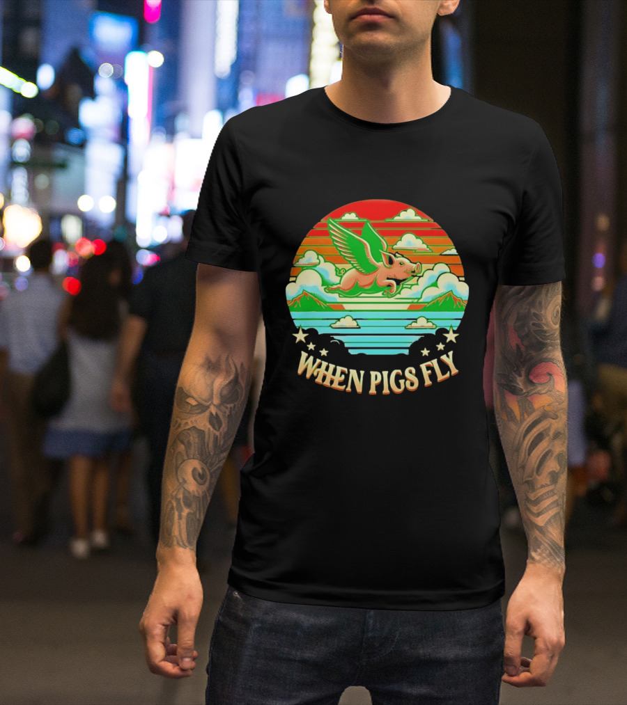 When Pigs Fly Flying Pig Whimsical Clouds And Stars T-Shirt