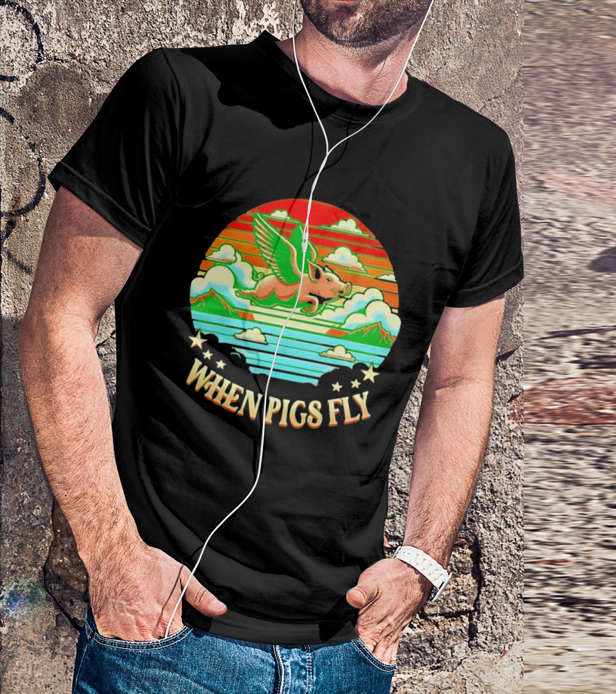 When Pigs Fly Flying Pig Whimsical Clouds And Stars T-Shirt
