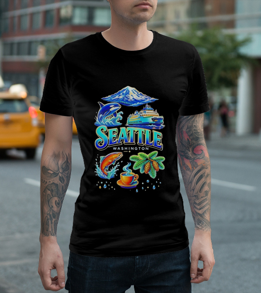 Seattle Washington Orca Whale Ferry Salmon Coffee Pine Cones Mount Rainier T-Shirt