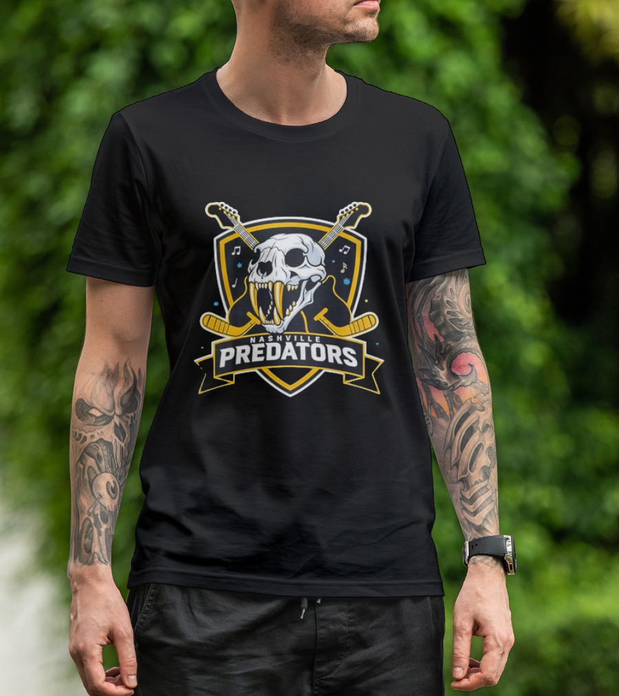 Nashville Predators Hockey Skull With Guitars And Music Notes T-Shirt