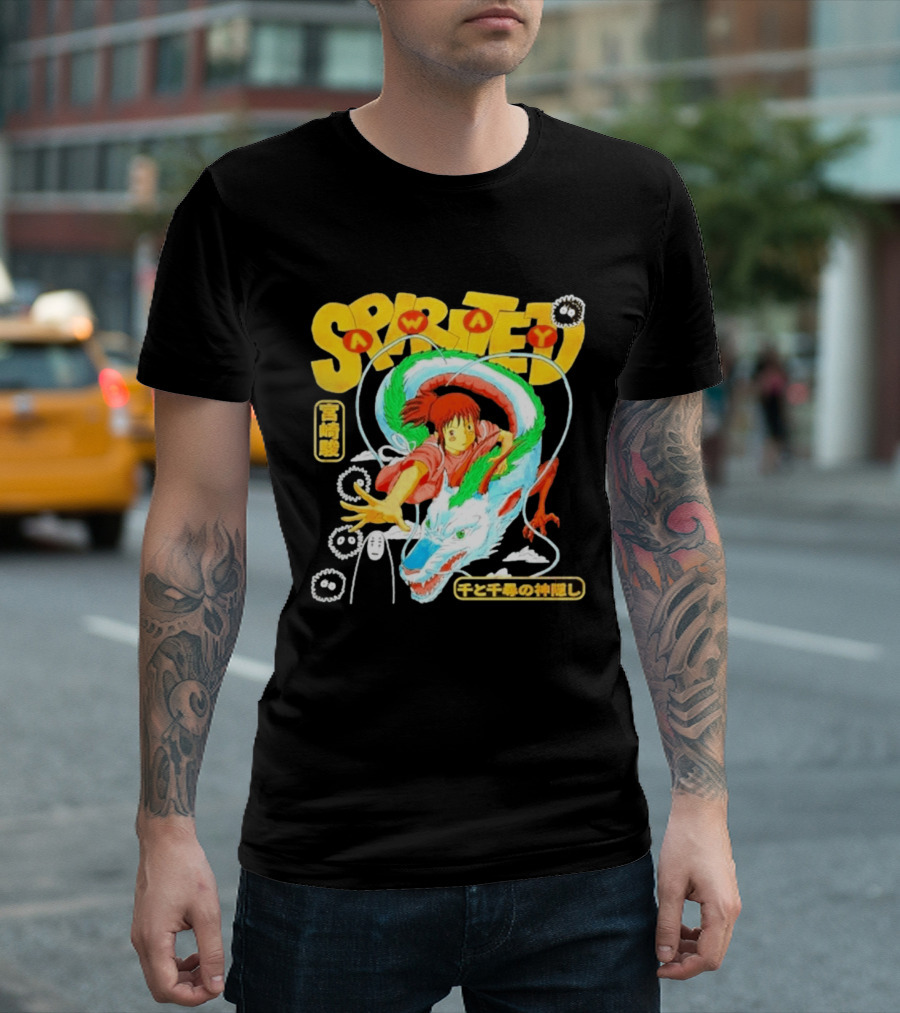 Spirited Away Chihiro Riding Haku Dragon Japanese Text No Face Soot Sprites T-Shirt