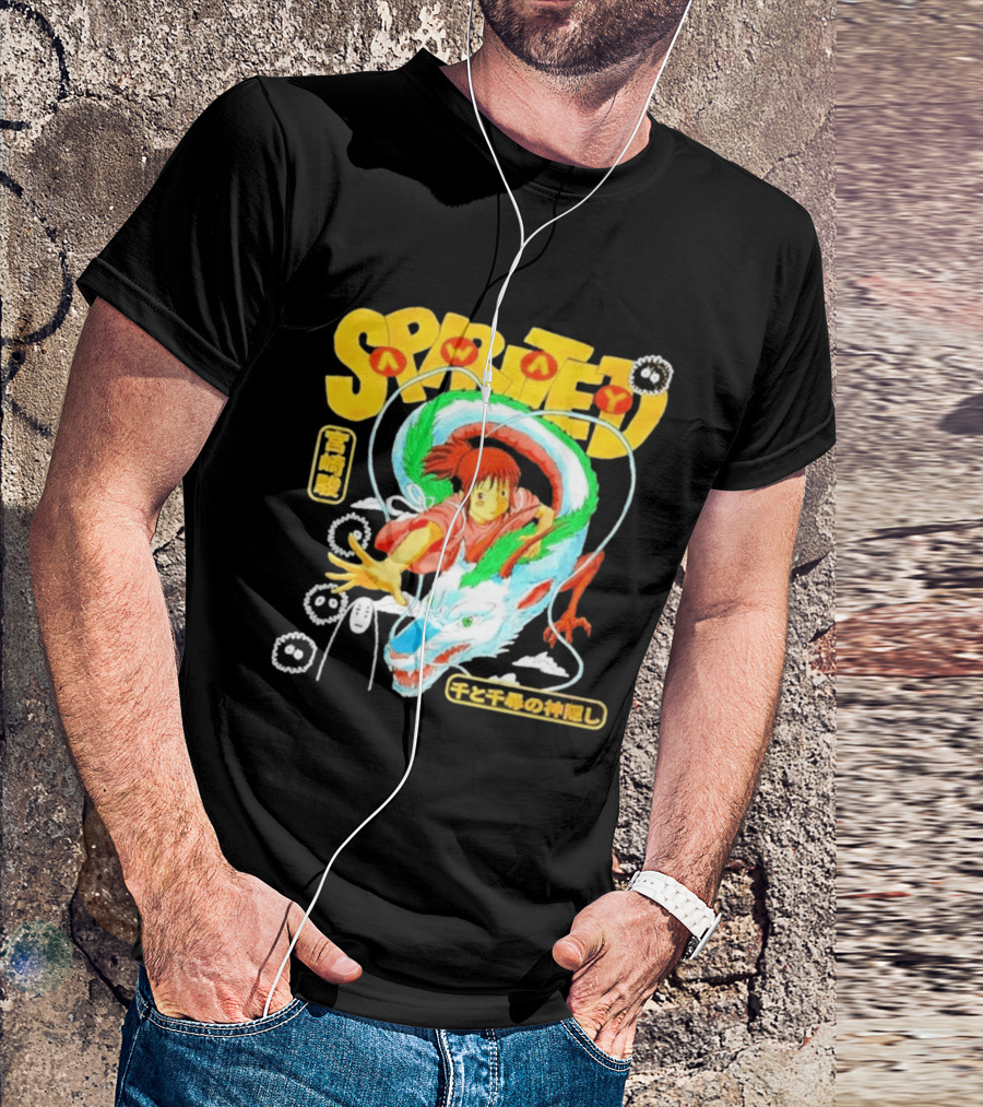 Spirited Away Chihiro Riding Haku Dragon Japanese Text No Face Soot Sprites T-Shirt