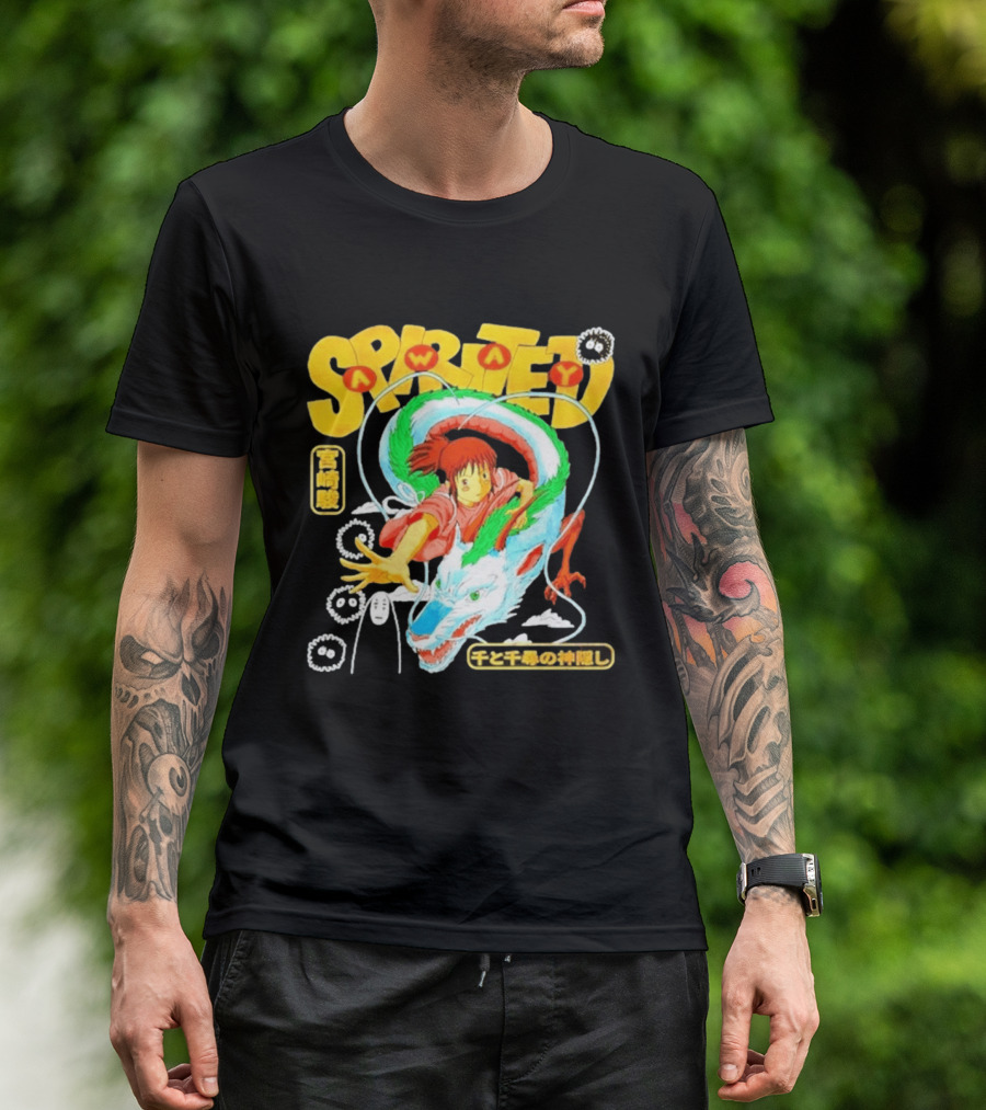 Spirited Away Chihiro Riding Haku Dragon Japanese Text No Face Soot Sprites T-Shirt