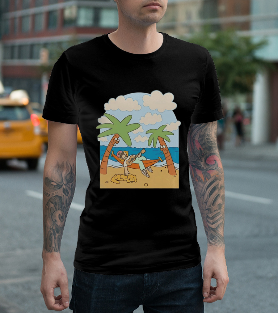 Hammock Guitar Player With Sleeping Dog On Tropical Beach Scene T-Shirt