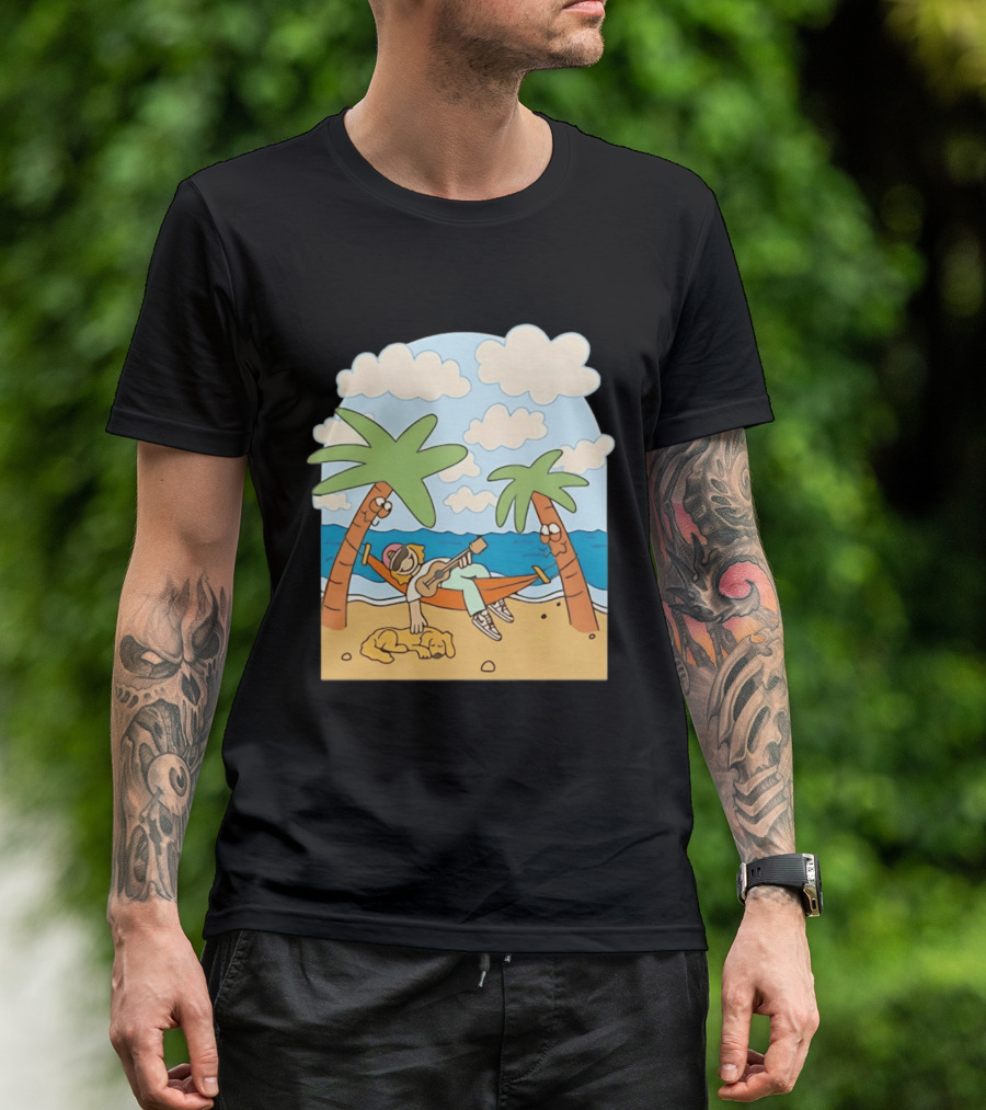 Hammock Guitar Player With Sleeping Dog On Tropical Beach Scene T-Shirt