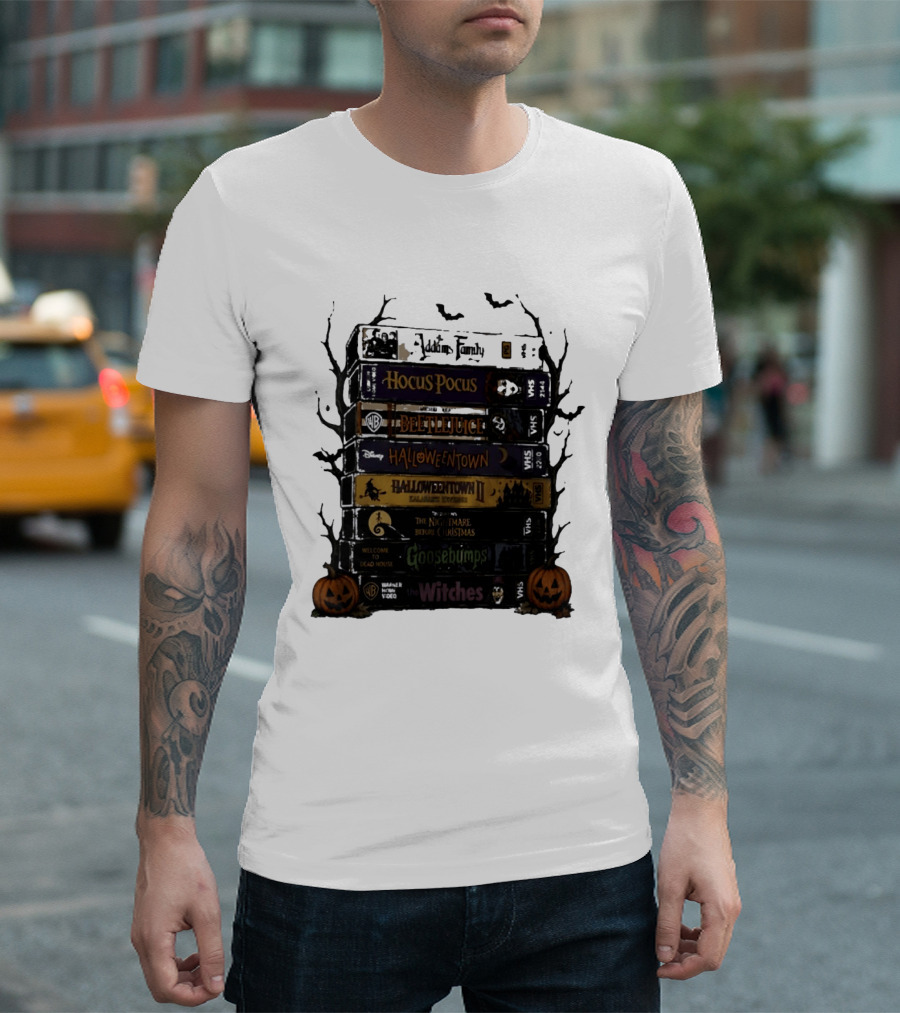 The Addams Family Hocus Pocus Beetlejuice Halloweentown Halloween II The Nightmare Before Christmas Goosebumps The Witches VHS Stack T-Shirt