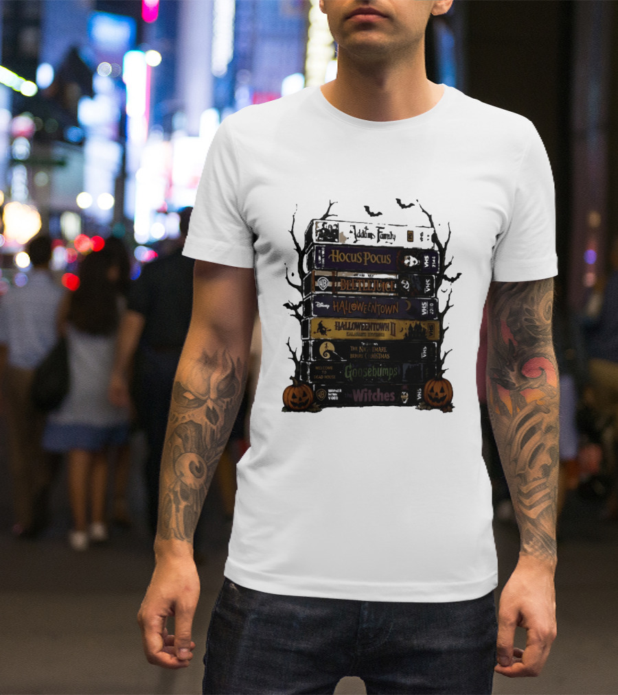The Addams Family Hocus Pocus Beetlejuice Halloweentown Halloween II The Nightmare Before Christmas Goosebumps The Witches VHS Stack T-Shirt