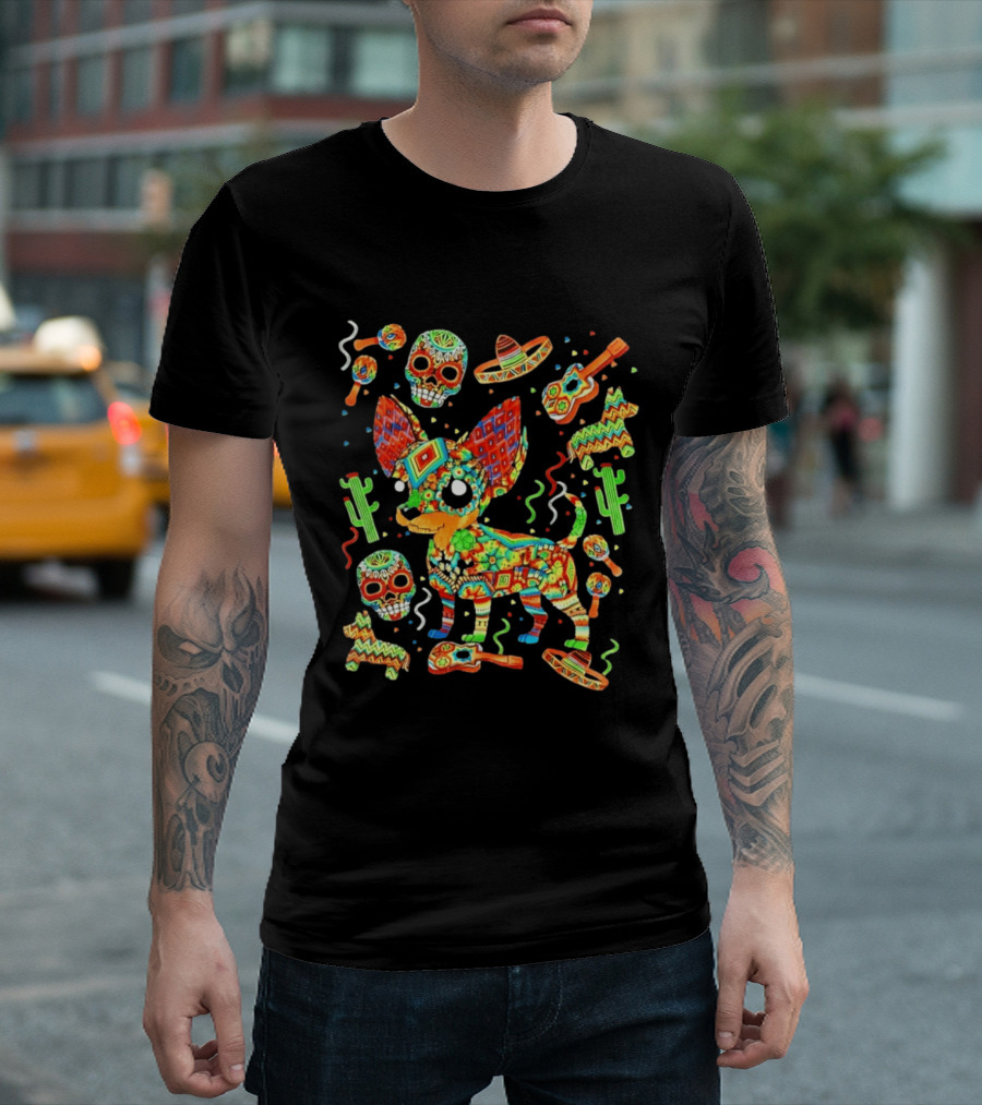 Fiesta Chihuahua Mexican Dia De Los Muertos Colorful Skull Sombrero Cactus Dog T-Shirt