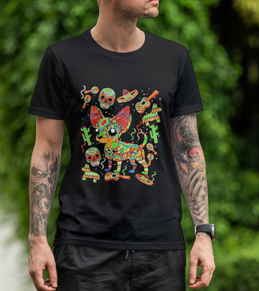 Fiesta Chihuahua Mexican Dia De Los Muertos Colorful Skull Sombrero Cactus Dog T-Shirt