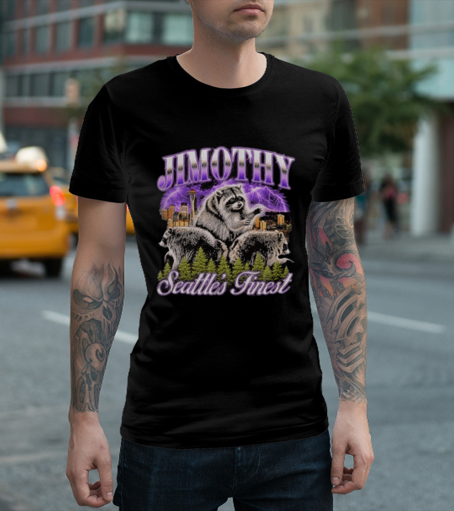 Jimothy Raccoon Seattle's Finest Purple Lightning Skyline And Forest T-Shirt