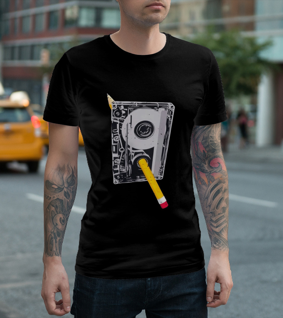 Rewind The Past Cassette Tape Pencil T-Shirt