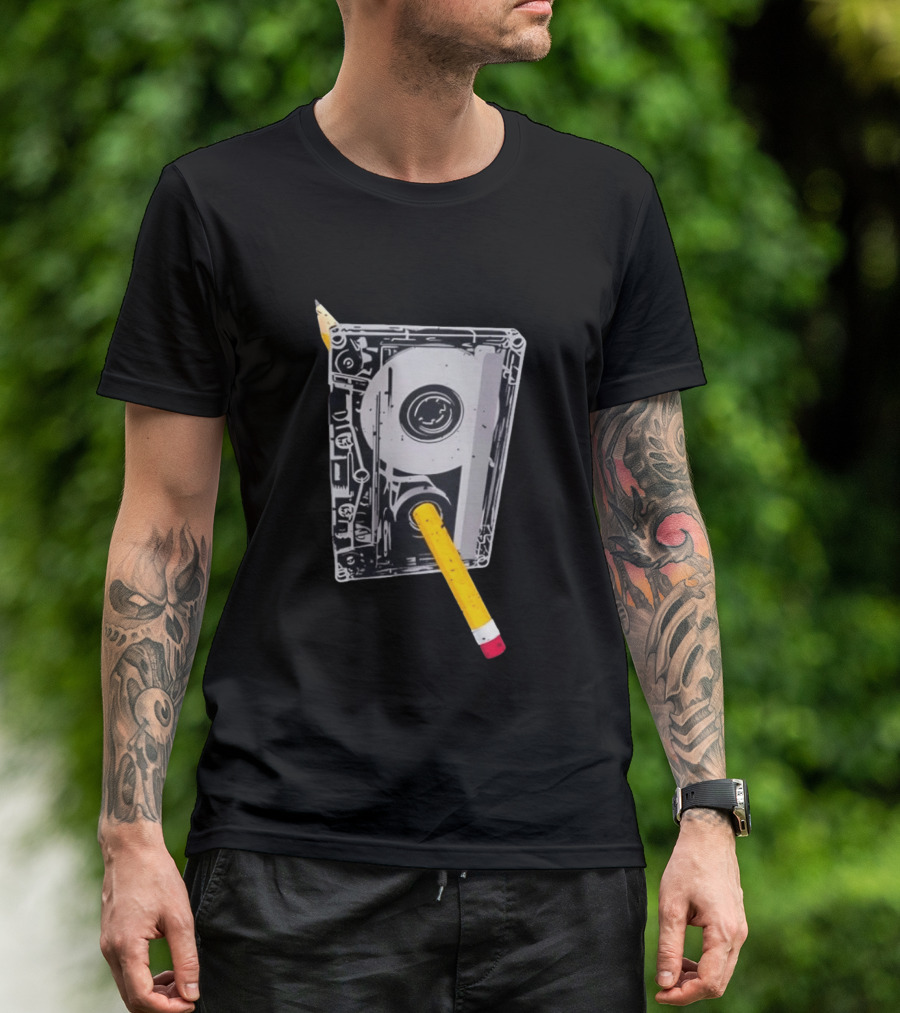 Rewind The Past Cassette Tape Pencil T-Shirt