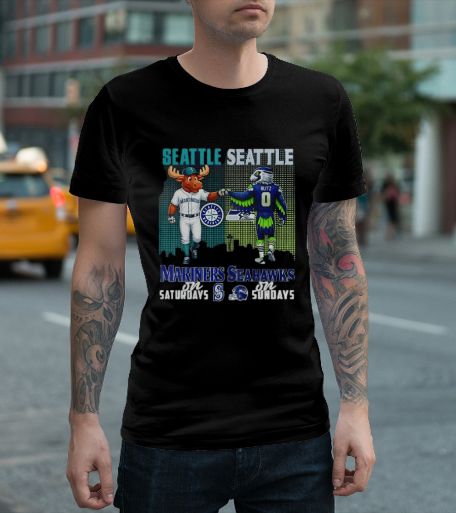 Seattle Mariners Moose And Seahawks Blitz On Saturdays Sundays T-Shirt