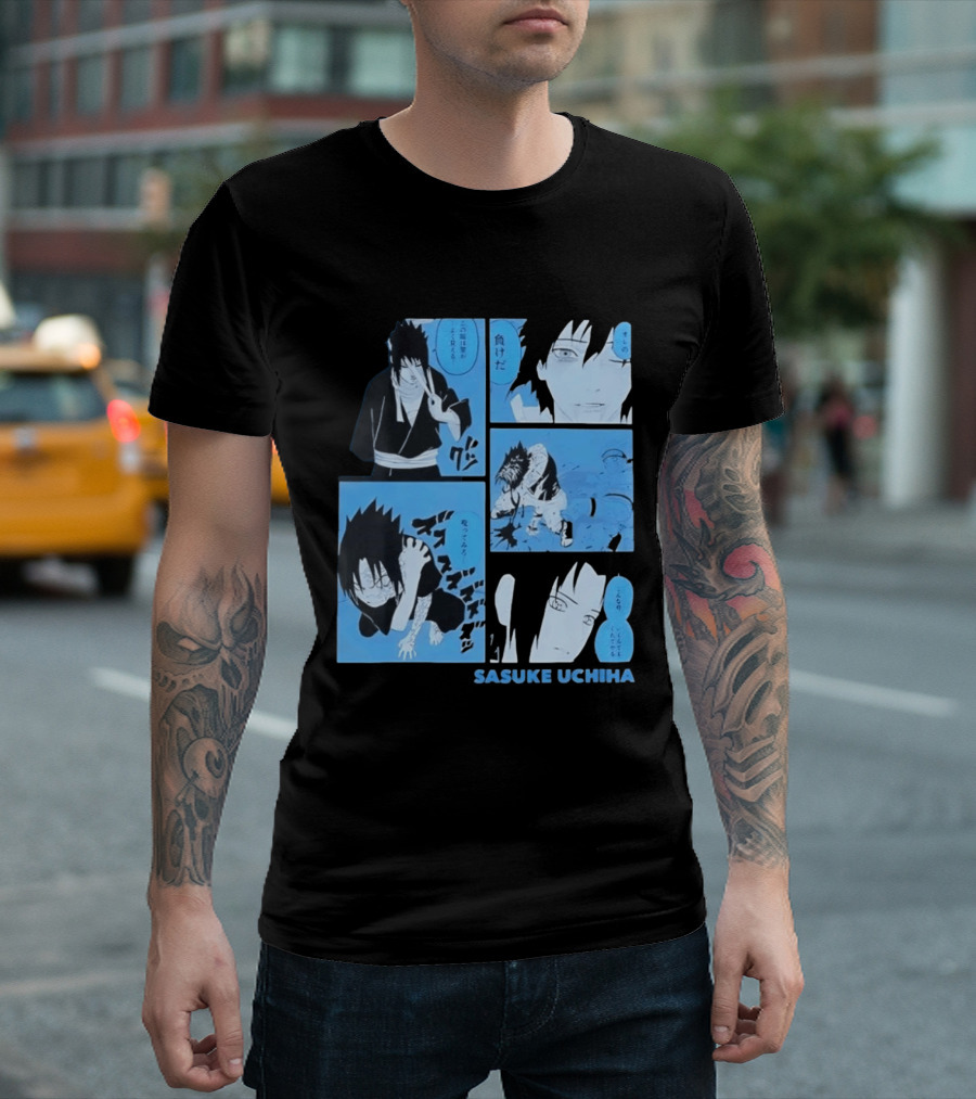 Sasuke Uchiha Cursed Seal Battle Manga Panels Blue Version T-Shirt