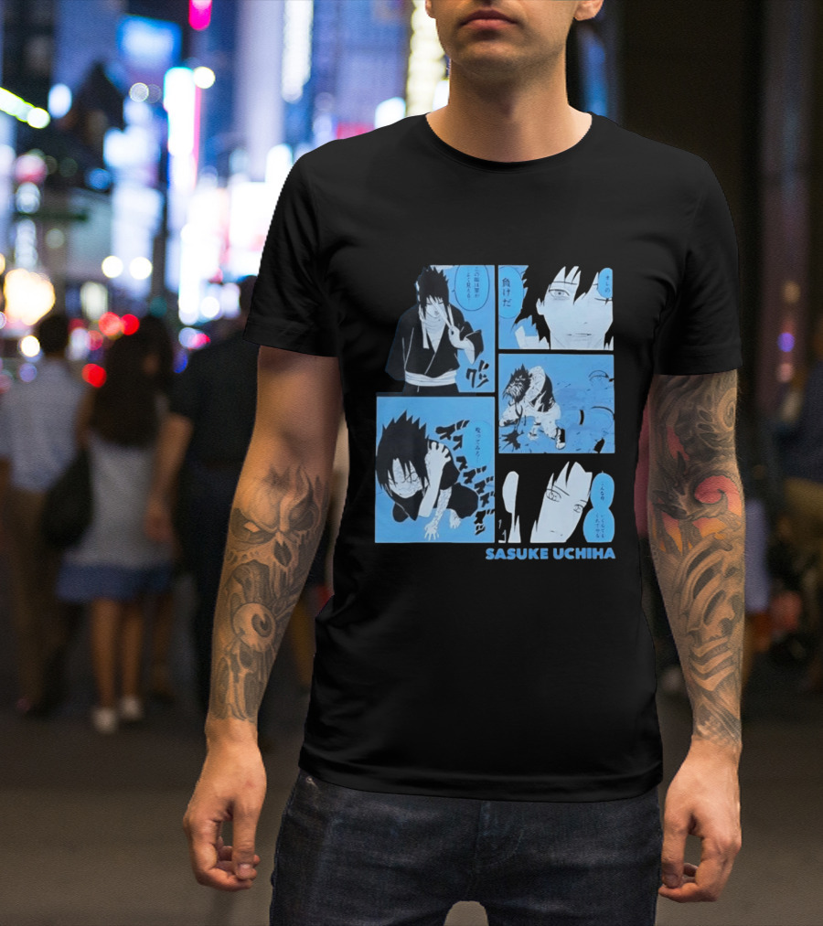 Sasuke Uchiha Cursed Seal Battle Manga Panels Blue Version T-Shirt