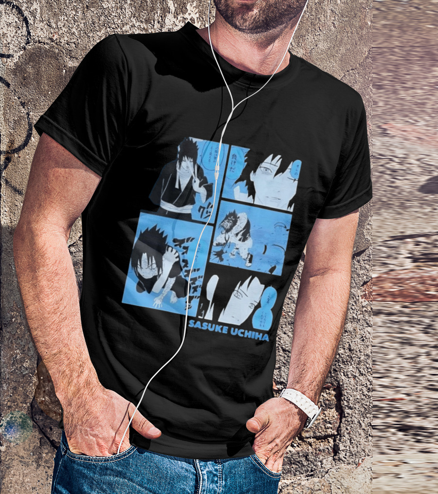 Sasuke Uchiha Cursed Seal Battle Manga Panels Blue Version T-Shirt