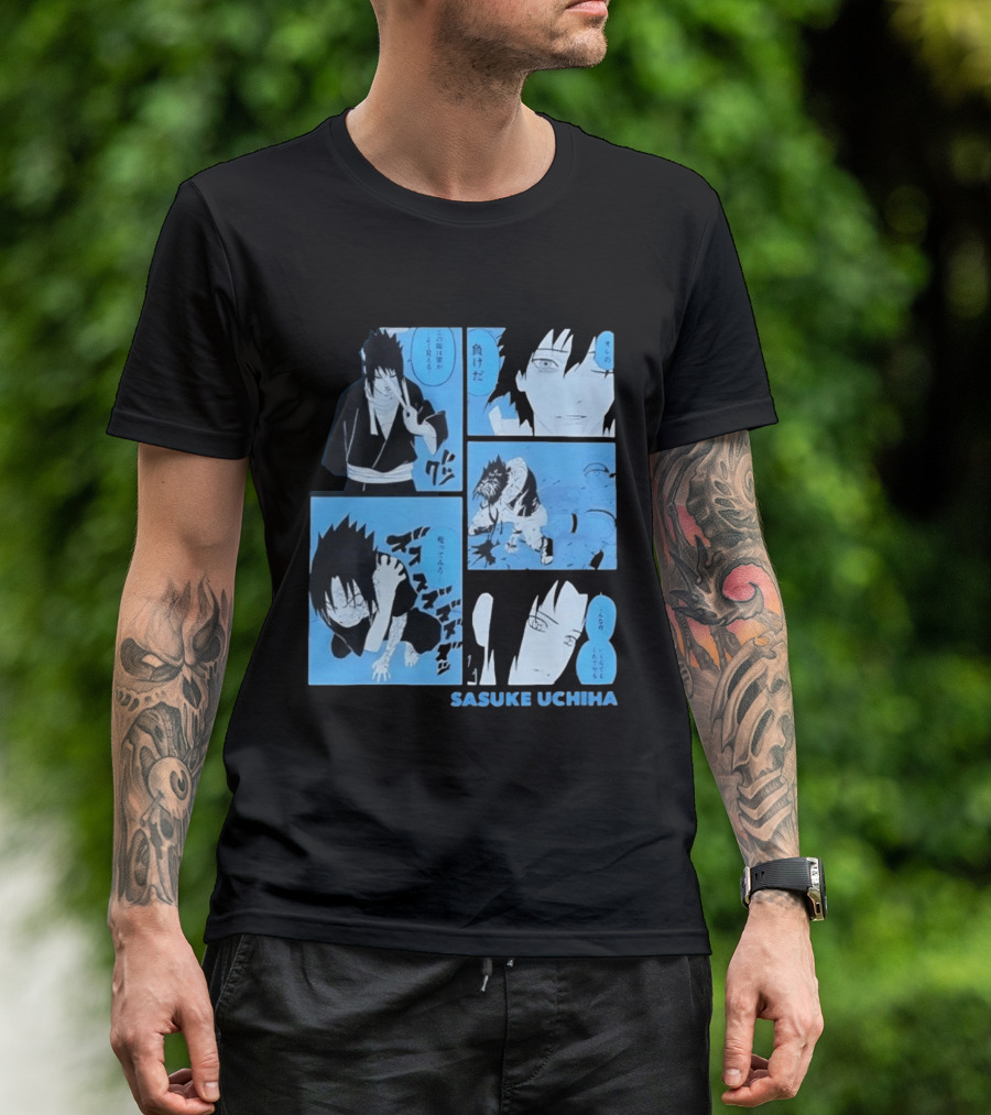 Sasuke Uchiha Cursed Seal Battle Manga Panels Blue Version T-Shirt