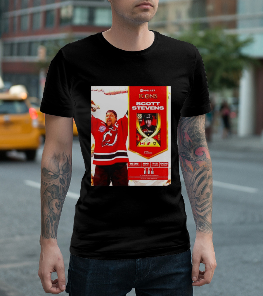 NHL 27 Icons Scott Stevens New Jersey Devils Hall Of Fame Legend T-Shirt