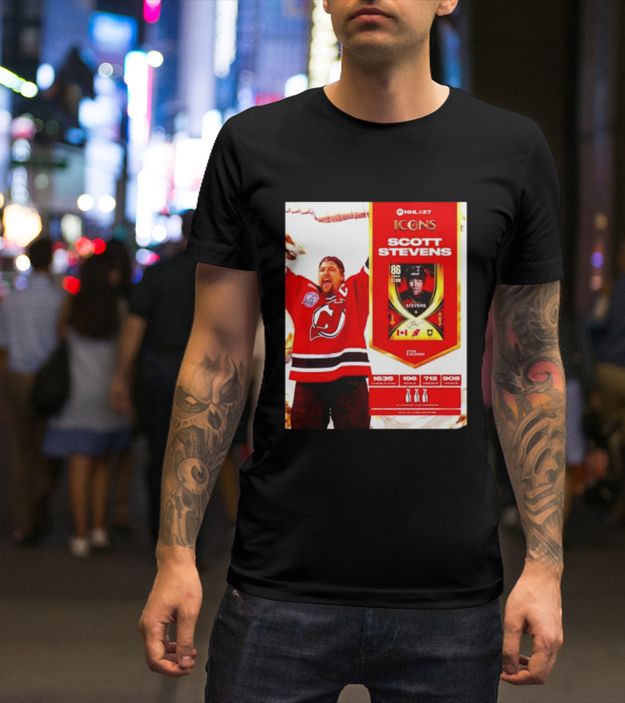 NHL 27 Icons Scott Stevens New Jersey Devils Hall Of Fame Legend T-Shirt