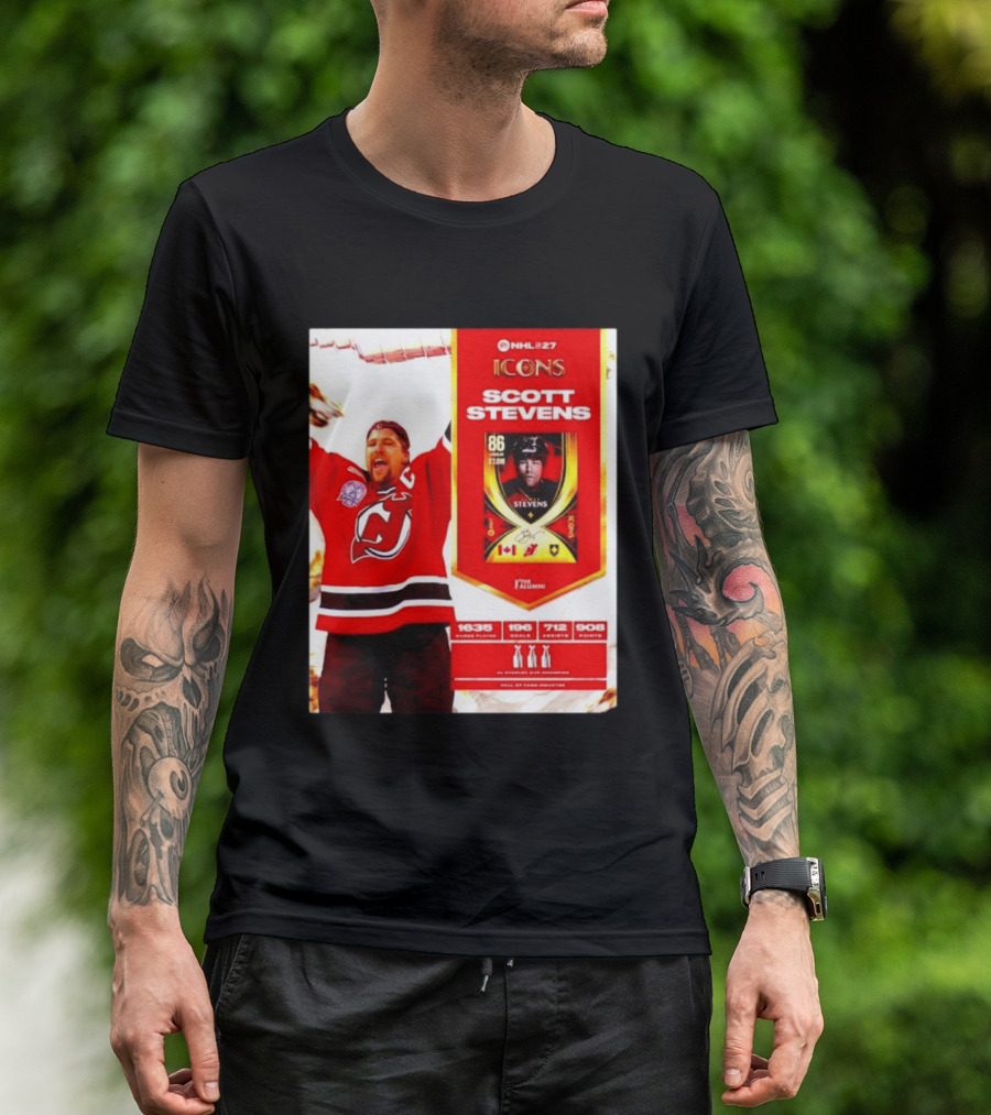 NHL 27 Icons Scott Stevens New Jersey Devils Hall Of Fame Legend T-Shirt